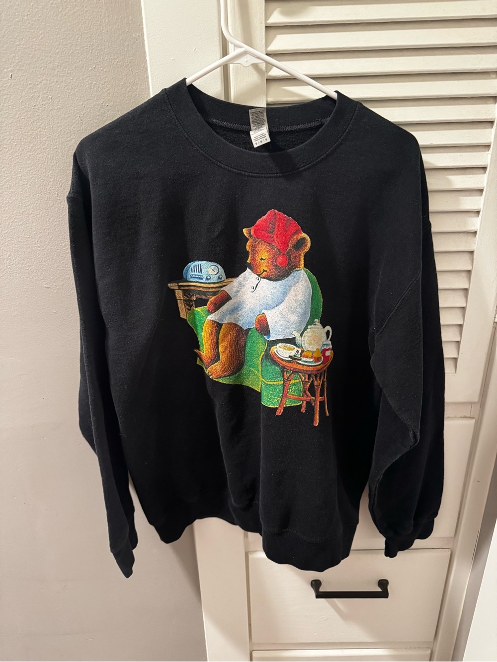 Gildan Black Crewneck Sweatshirt with Sleepy Time Tea Bear Graphic
